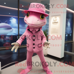 Maskotkarakter av en rosa...