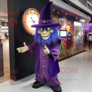 Purple Witch'S Hat mascot costume character dressed with a Vest and Bracelet watches