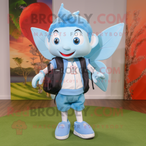 Sky Blue Tooth Fairy mascot costume character dressed with a Bermuda Shorts and Backpacks