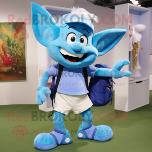 Sky Blue Tooth Fairy mascot costume character dressed with a Bermuda Shorts and Backpacks