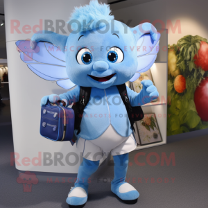 Sky Blue Tooth Fairy mascot costume character dressed with a Bermuda Shorts and Backpacks