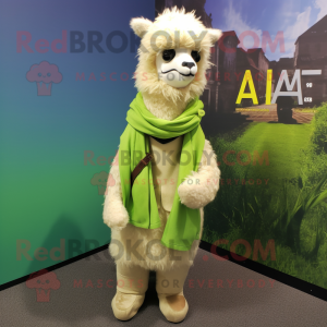 Lime Green Alpaca mascot costume character dressed with a Henley Shirt and Scarf clips