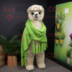 Lime Green Alpaca mascot costume character dressed with a Henley Shirt and Scarf clips