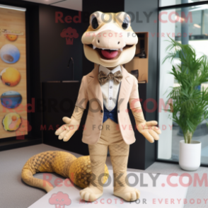 Maskot av en beige python i maskotdräkt med kostymjacka och flugor - Python Mascots - REBROKO_421524 - RedBrokoly.com