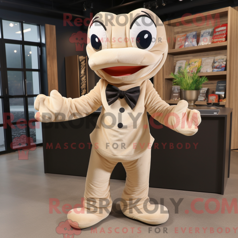 Maskot av en beige python i maskotdräkt med kostymjacka och flugor - Python Mascots - REBROKO_421525 - RedBrokoly.com