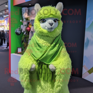 Lime Green Alpaca mascot costume character dressed with a Henley Shirt and Scarf clips