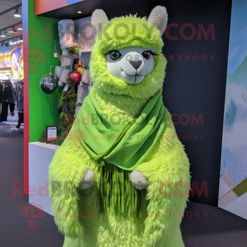 Lime Green Alpaca mascot costume character dressed with a Henley Shirt and Scarf clips Lime Green Alpaca mascot costume character dressed with a Henley Shirt and Scarf clips