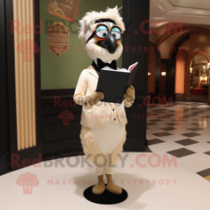 Beige Peacock mascot costume character dressed with a Tuxedo and Reading glasses