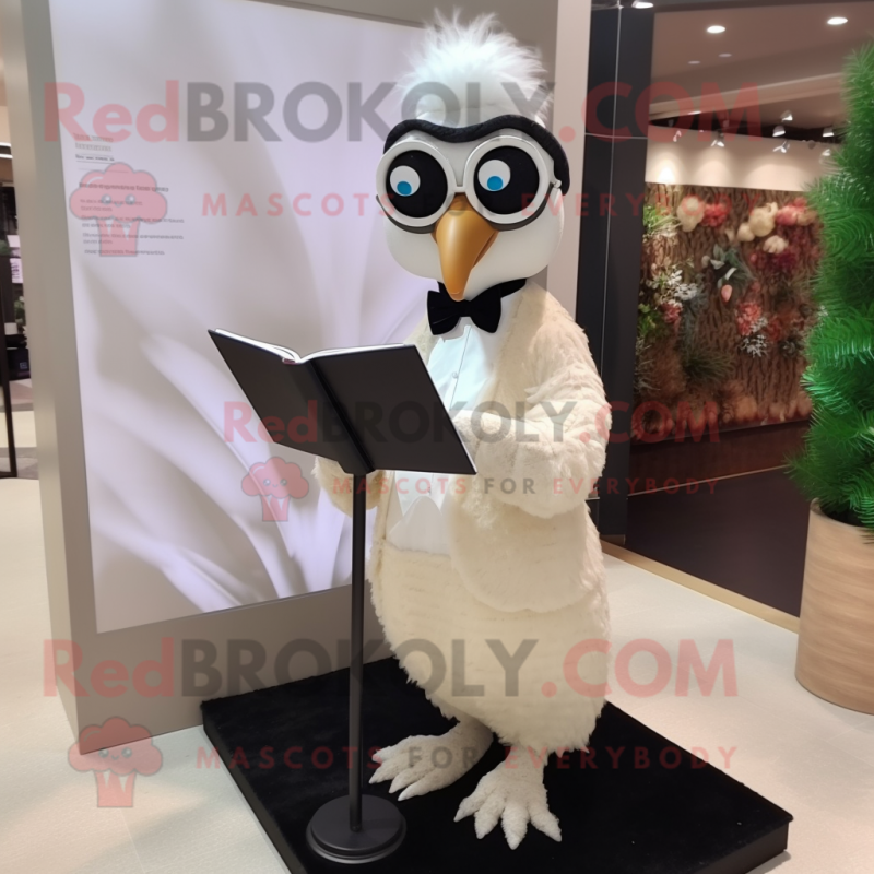 Beige Peacock mascot costume character dressed with a Tuxedo and Reading glasses