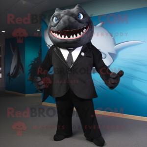 Black Tuna mascot costume character dressed with a Suit Jacket and Ties