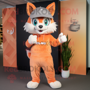 Peach Lynx mascot costume character dressed with a Trousers and Beanies