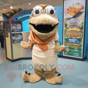 Tan Barracuda mascot costume character dressed with a Romper and Scarf clips