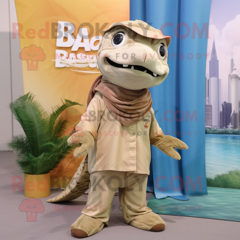 Tan Barracuda mascot costume character dressed with a Romper and Scarf clips