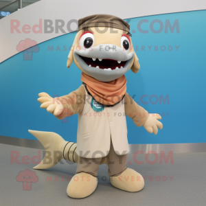 Tan Barracuda mascot costume character dressed with a Romper and Scarf clips