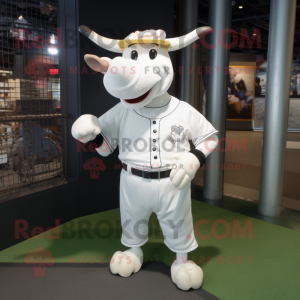 White Cow mascot costume character dressed with a Baseball Tee and Shawl pins