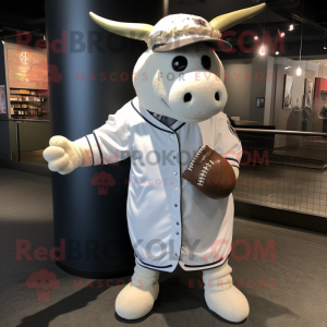 White Cow mascot costume character dressed with a Baseball Tee and Shawl pins