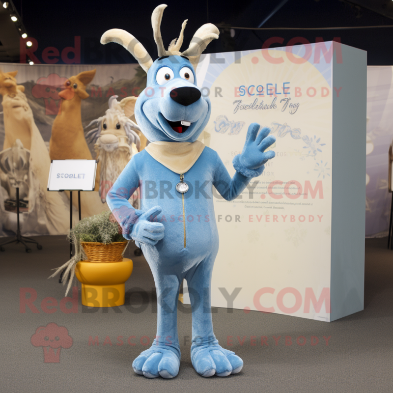 Sky Blue Gazelle mascot costume character dressed with a Corduroy Pants and Hairpins