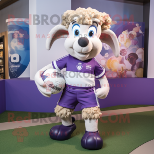 Lavender Ram mascot costume character dressed with a Rugby Shirt and Shoe laces