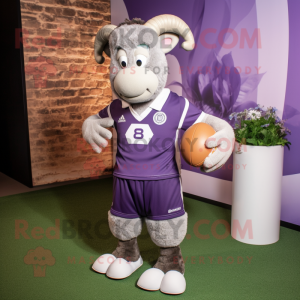 Lavender Ram mascot costume character dressed with a Rugby Shirt and Shoe laces