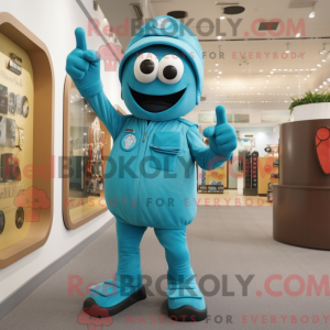 Maskotfigur av en cyan...