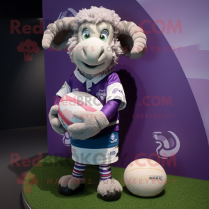 Lavender Ram mascot costume character dressed with a Rugby Shirt and Shoe laces