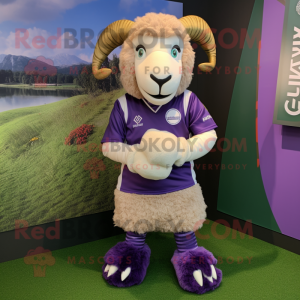 Lavender Ram mascot costume character dressed with a Rugby Shirt and Shoe laces