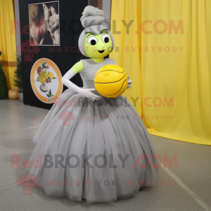 Gray Lemon mascot costume character dressed with a Ball Gown and Rings