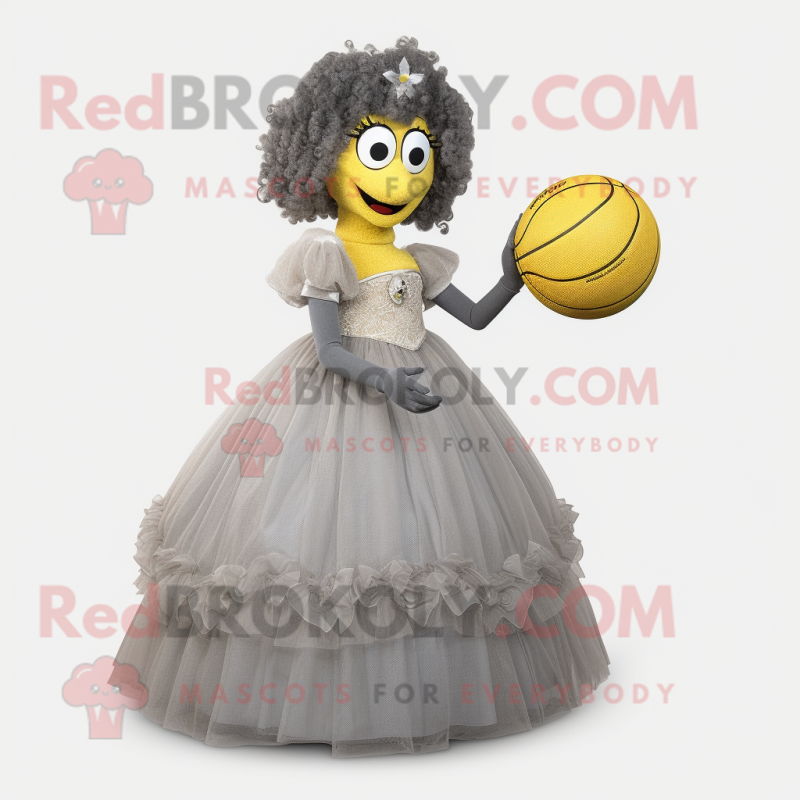 Gray Lemon mascot costume character dressed with a Ball Gown and Rings