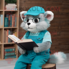 Turquoise Ferret mascot costume character dressed with a Dungarees and Reading glasses