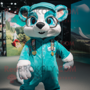 Turquoise Ferret mascot costume character dressed with a Dungarees and Reading glasses