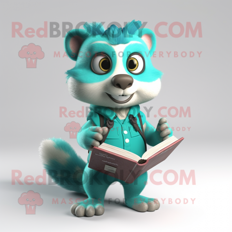 Turquoise Ferret mascot costume character dressed with a Dungarees and Reading glasses