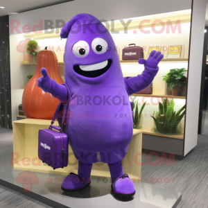 Purple Mango mascot costume character dressed with a Long Sleeve Tee and Briefcases