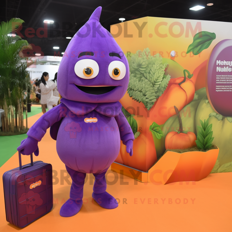 Purple Mango mascot costume character dressed with a Long Sleeve Tee and Briefcases