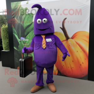 Purple Mango mascot costume character dressed with a Long Sleeve Tee and Briefcases