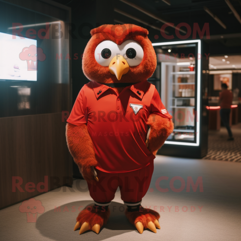 Red Owl mascot costume character dressed with a Polo Shirt and Ties