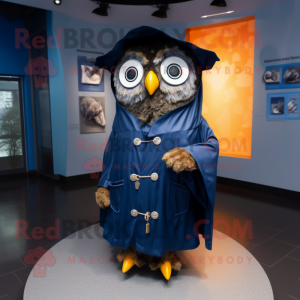 Navy Owl mascot costume character dressed with a Raincoat and Shawl pins