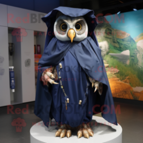 Navy Owl mascot costume character dressed with a Raincoat and Shawl pins