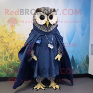 Navy Owl mascot costume character dressed with a Raincoat and Shawl pins