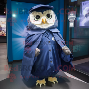 Navy Owl mascot costume character dressed with a Raincoat and Shawl pins