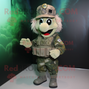 Silver Green Beret mascot costume character dressed with a Trousers and Hairpins