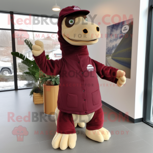 Maroon Brachiosaurus mascot costume character dressed with a Parka and Hats