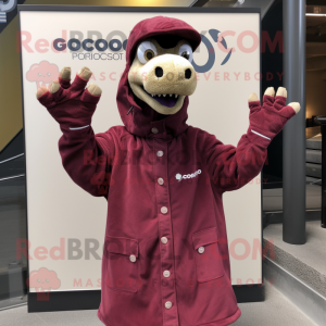 Maroon Brachiosaurus mascot costume character dressed with a Parka and Hats