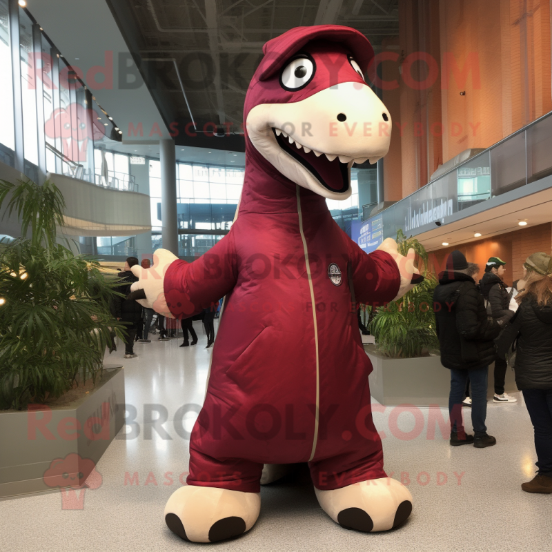 Maroon Brachiosaurus mascot costume character dressed with a Parka and Hats Maroon Brachiosaurus mascot costume character dressed with a Parka and Hats