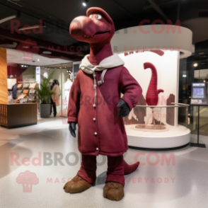 Maroon Brachiosaurus mascot costume character dressed with a Parka and Hats