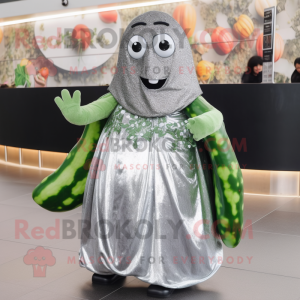 Silver Cucumber mascot costume character dressed with a Maxi Dress and Gloves