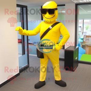 Yellow Commando mascot costume character dressed with a Poplin Shirt and Briefcases