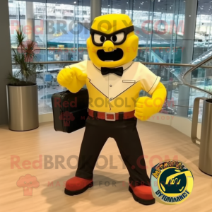 Yellow Commando mascot costume character dressed with a Poplin Shirt and Briefcases