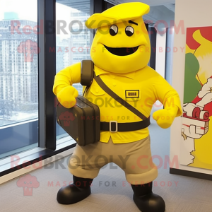 Yellow Commando mascot costume character dressed with a Poplin Shirt and Briefcases