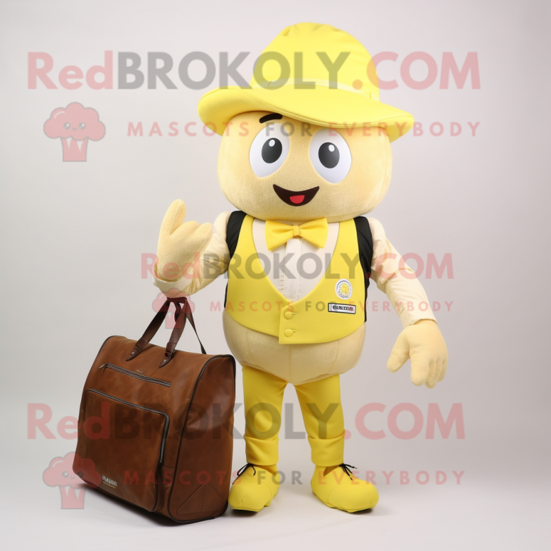 Lemon Yellow Beef Stroganoff mascot costume character dressed with a Waistcoat and Tote bags Lemon Yellow Beef Stroganoff mascot costume character dressed with a Waistcoat and Tote bags