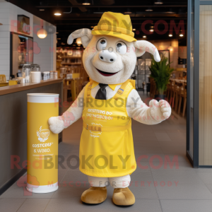 Lemon Yellow Beef Stroganoff mascot costume character dressed with a Waistcoat and Tote bags